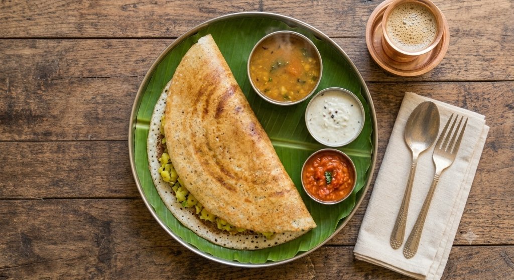 Crispy Masala Dosa served with sambar and coconut chutney
